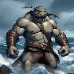 A gray-black ex-pirate Tortle barbarian with a broad, muscular frame and a weathered shell marked by countless battles