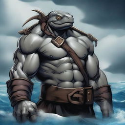 A gray-black ex-pirate Tortle barbarian with a broad, muscular frame and a weathered shell marked by countless battles