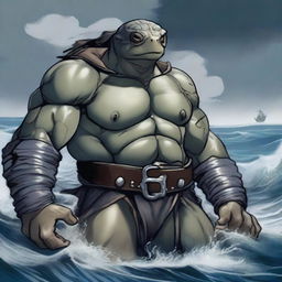 A gray-black ex-pirate Tortle barbarian with a broad, muscular frame and a weathered shell marked by countless battles