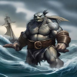 A gray-black ex-pirate Tortle barbarian with a broad, muscular frame and a weathered shell marked by countless battles