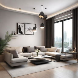 A beautifully designed modern interior space featuring sleek furniture, elegant lighting, and tasteful decorations