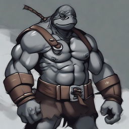 A gray-black ex-pirate Tortle barbarian with a broad, muscular frame and a weathered shell marked by countless battles