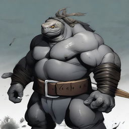 A gray-black ex-pirate Tortle barbarian with a broad, muscular frame and a weathered shell marked by countless battles