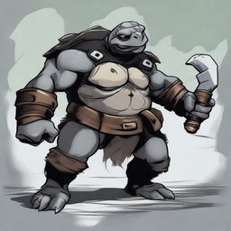 A gray-black ex-pirate Tortle barbarian with a broad, muscular frame and a weathered shell marked by countless battles