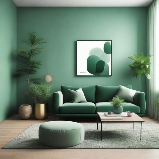 Design a 35 square meter living room with a green color scheme