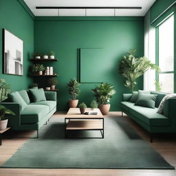 Design a 35 square meter living room with a green color scheme