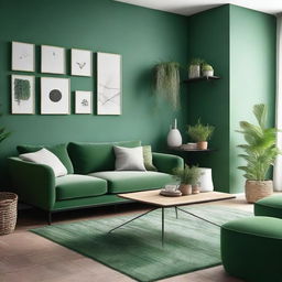 Design a 35 square meter living room with a green color scheme