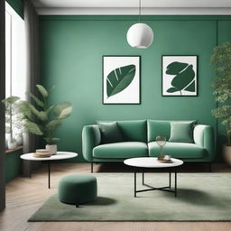 Design a 35 square meter living room with a green color scheme