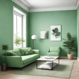 Design a 35 square meter living room with a light green color scheme