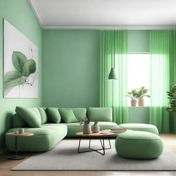 Design a 35 square meter living room with a light green color scheme