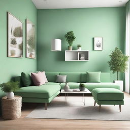 Design a 35 square meter living room with a light green color scheme