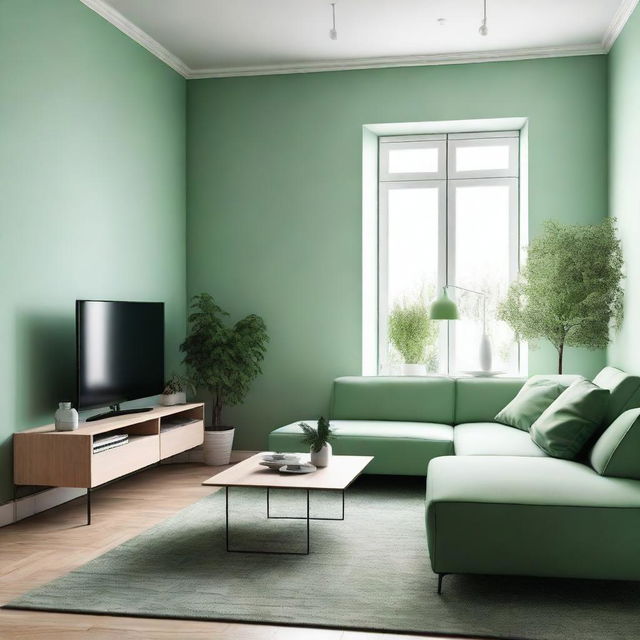 Design a 35 square meter living room with a light green color scheme