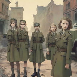 A dramatic scene depicting four 14-year-old girls being drafted into a war resembling World War II