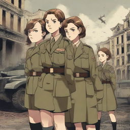 A dramatic scene depicting four 14-year-old girls being drafted into a war resembling World War II