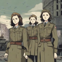 A dramatic scene depicting four 14-year-old girls being drafted into a war resembling World War II