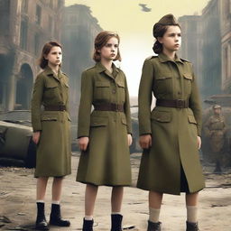 A dramatic scene depicting four 14-year-old girls being drafted into a war resembling World War II