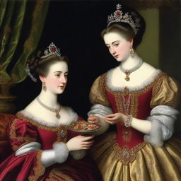 A noblewoman adorned with jewels and rubies is receiving gifts from a handsome man