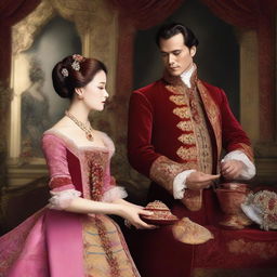 A noblewoman adorned with jewels and rubies is receiving gifts from a handsome man