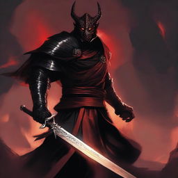 A red dragonborn warrior dressed in black robes stands ready for combat