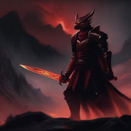 A red dragonborn warrior dressed in black robes stands ready for combat