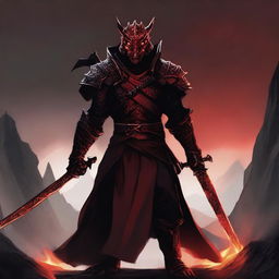 A red dragonborn warrior dressed in black robes stands ready for combat