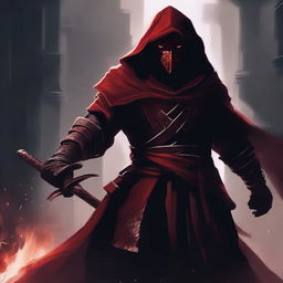 A fierce red dragonborn warrior clad in black robes and a hood, wielding two swords