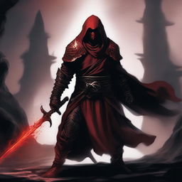 A fierce red dragonborn warrior clad in black robes and a hood, wielding two swords