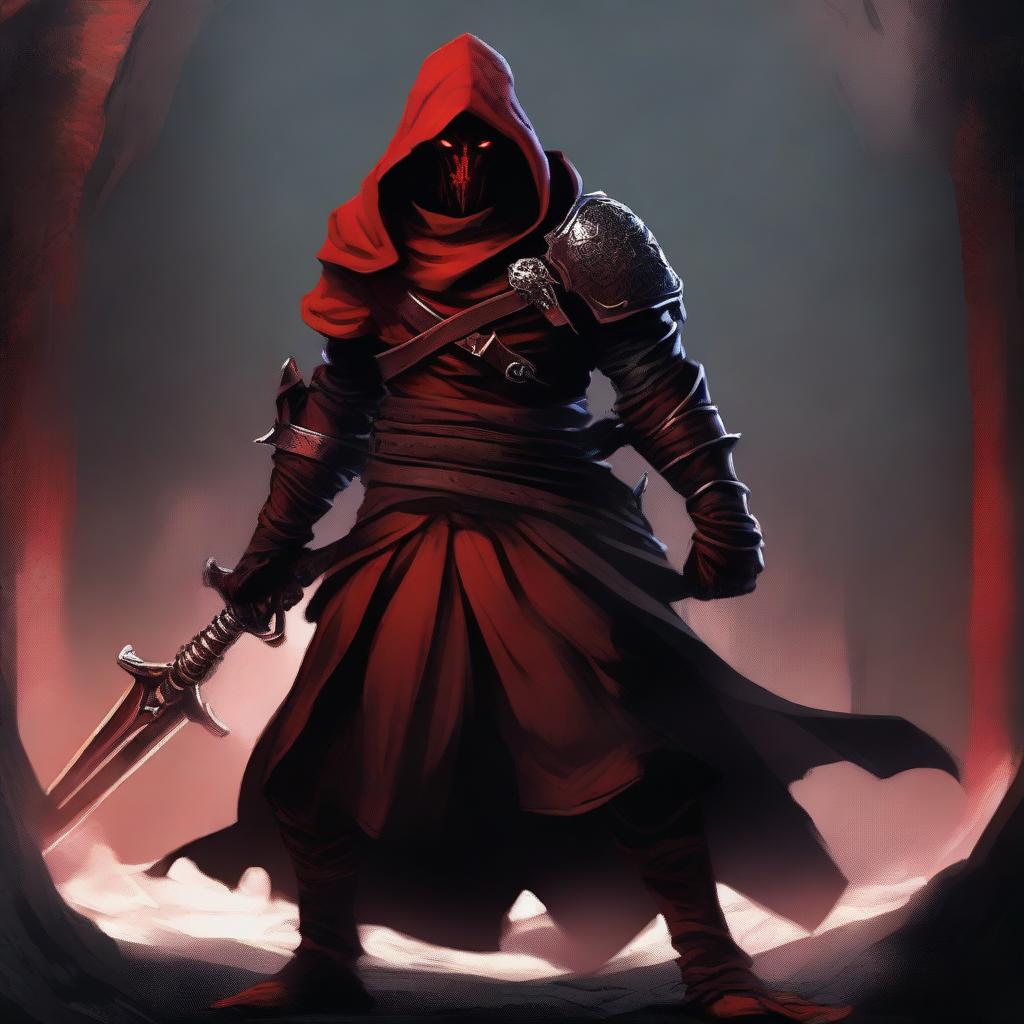 A fierce red dragonborn warrior clad in black robes and a hood, wielding two swords