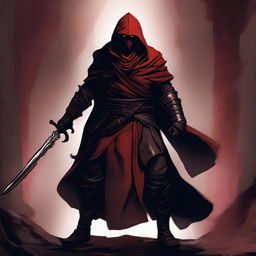 A fierce red dragonborn warrior clad in black robes and a hood, wielding two swords