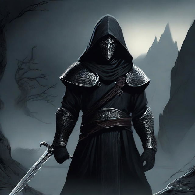 A formidable dragonborn warrior dressed in black robes and a hood stands ready for combat