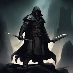 A formidable dragonborn warrior dressed in black robes and a hood stands ready for combat