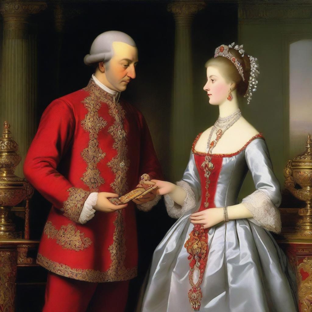 A noblewoman adorned with jewels and rubies is receiving gifts from a man