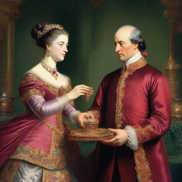 A noblewoman adorned with jewels and rubies is receiving gifts from a man