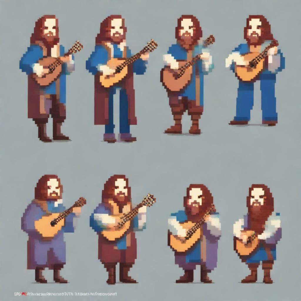 Create a series of frames depicting a bard character in a pixel art style