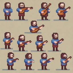 Create a series of frames depicting a bard character in a pixel art style