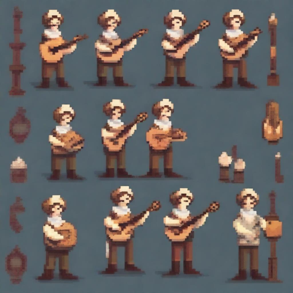 Create a series of frames depicting a bard character in a pixel art style