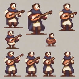 Create a series of frames depicting a bard character in a pixel art style