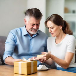 A woman is receiving a gift from her husband, but she has an unhappy expression on her face