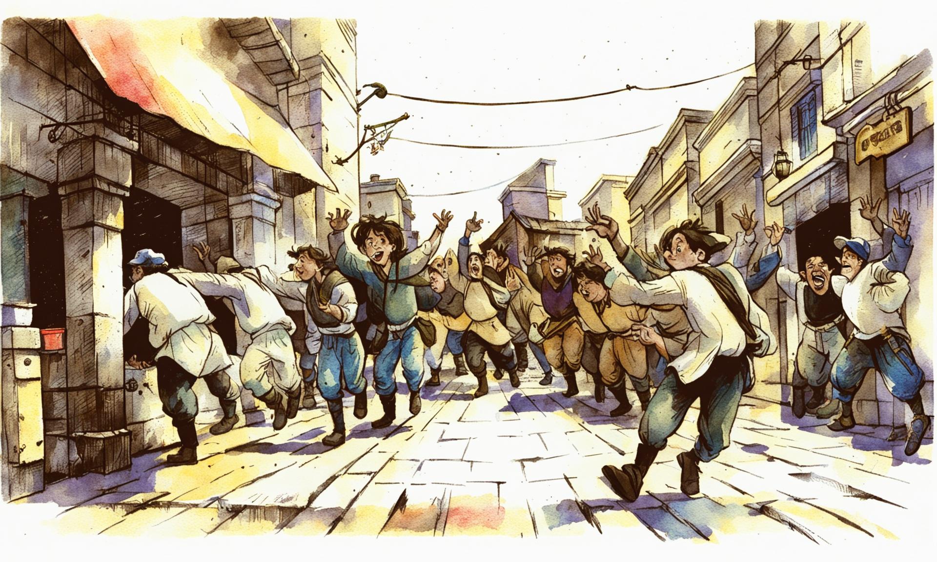 A watercolour storyboard's eleventh act featuring Jake stealing fruit from a stall and being chased down a cobbled alleyway by a horde of angry fishermen.