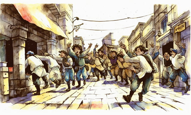 A watercolour storyboard's eleventh act featuring Jake stealing fruit from a stall and being chased down a cobbled alleyway by a horde of angry fishermen.