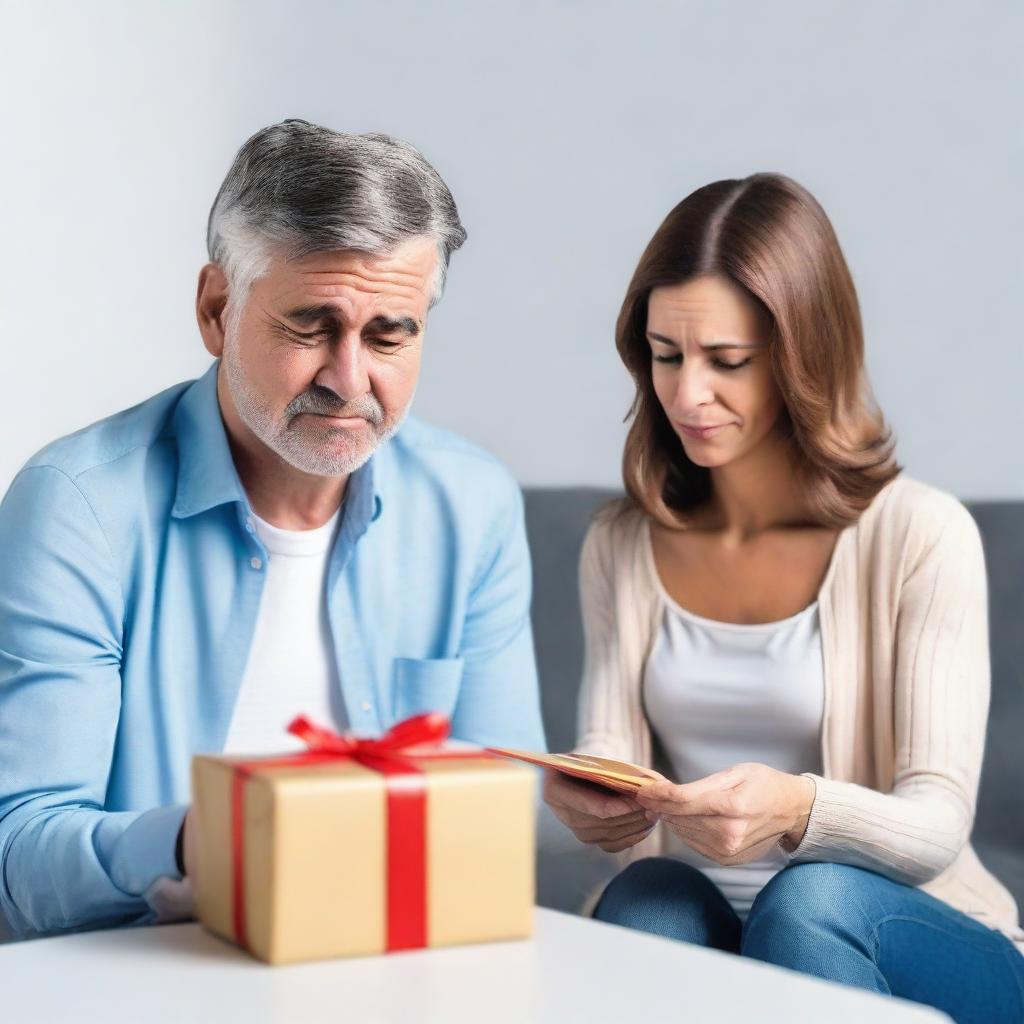 A woman is receiving a gift from her husband, but she has an unhappy expression on her face