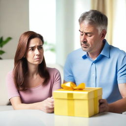 A woman is receiving a gift from her husband, but she has an unhappy expression on her face