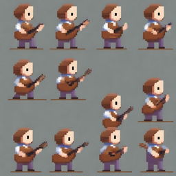 Create a series of frames that together form a walking animation of a bard character in pixel art style