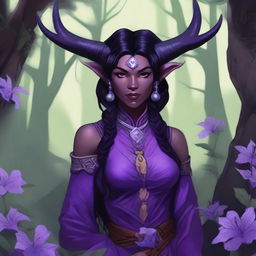 A detailed illustration of a female Tiefling druid from Dungeons & Dragons