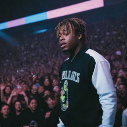 A futuristic concert scene for Juice Wrld set in 2024, with neon lights illuminating the stage and thousands of fans cheering.