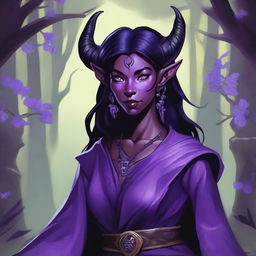 A detailed illustration of a female Tiefling druid from Dungeons & Dragons