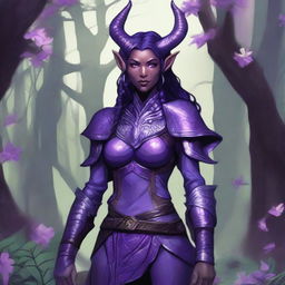 A detailed illustration of a female Tiefling druid from Dungeons & Dragons