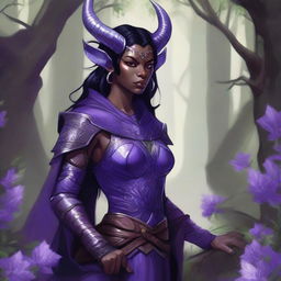 A detailed illustration of a female Tiefling druid from Dungeons & Dragons