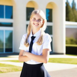 A cute teen blonde schoolgirl with a bright smile, wearing a school uniform, standing in front of a school building