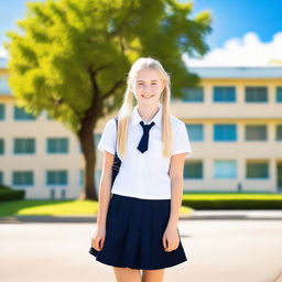 A cute teen blonde schoolgirl with a bright smile, wearing a school uniform, standing in front of a school building